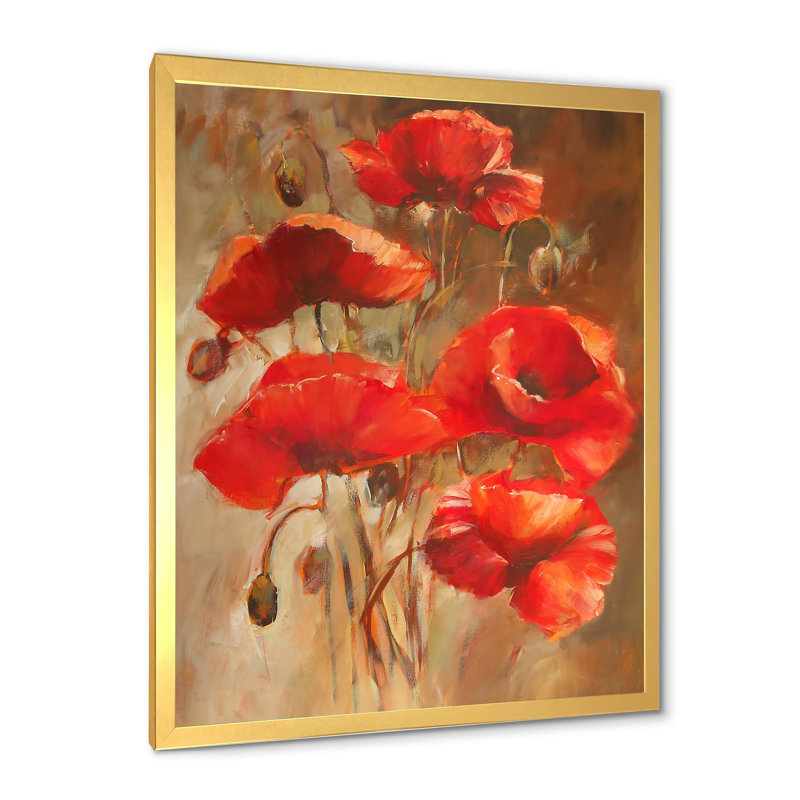Red Blossoming Poppies VI - peinture sur toile, H 40 po x l 30 po x 1,5 po, Toile encadrée d'or