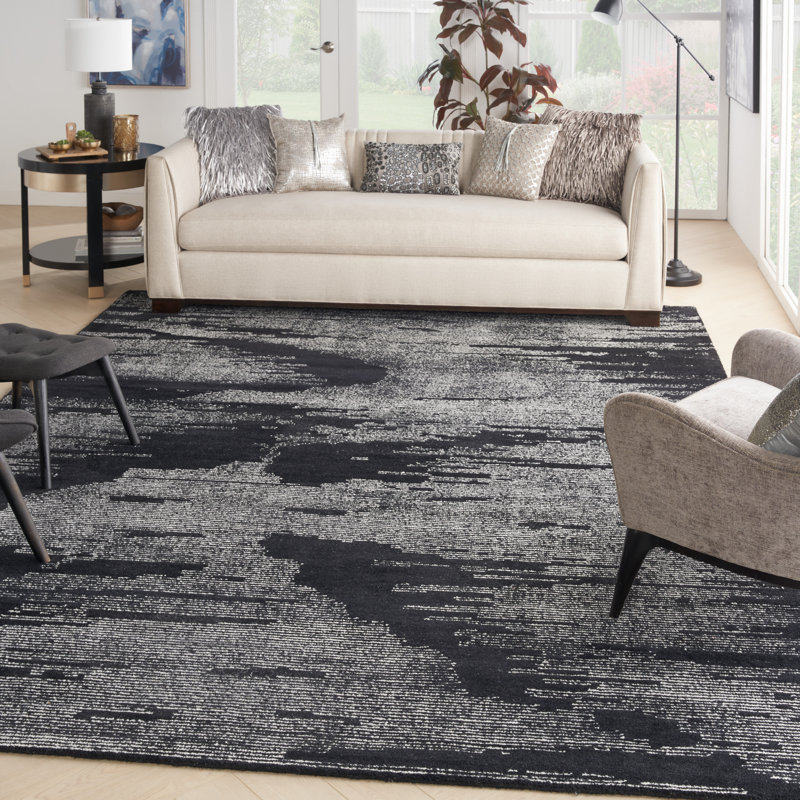 Abstract Area Rug in Black/Ivory, Rectangle 7'9" x 9'9"