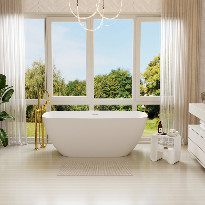 Baignoire de trempage autoportante ovale blanche à surface solide avec drain 59 "Casainc