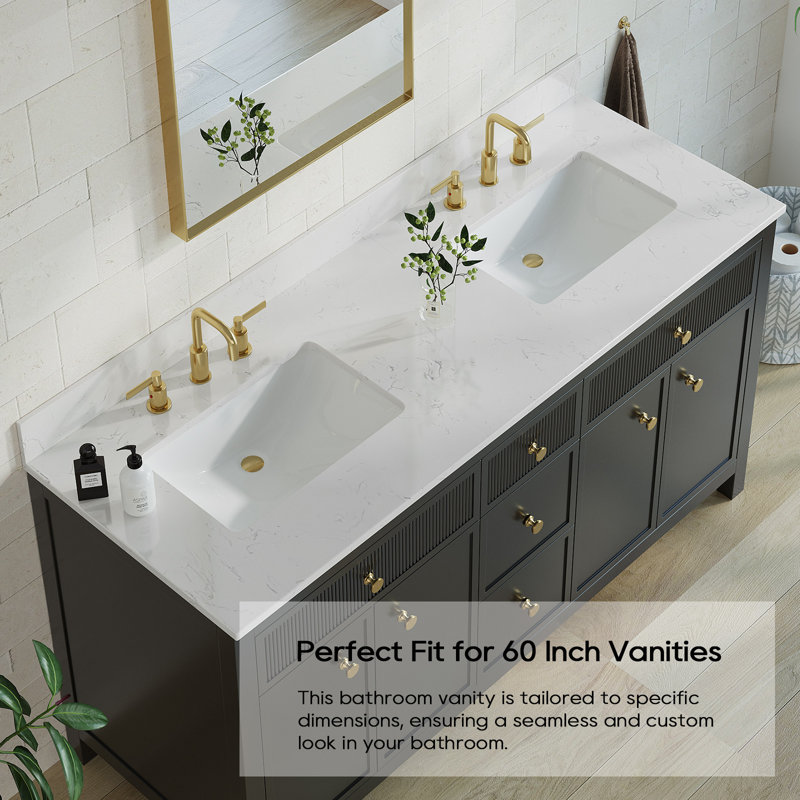 61'' White Engineered Stone Double Sink Vanity Top