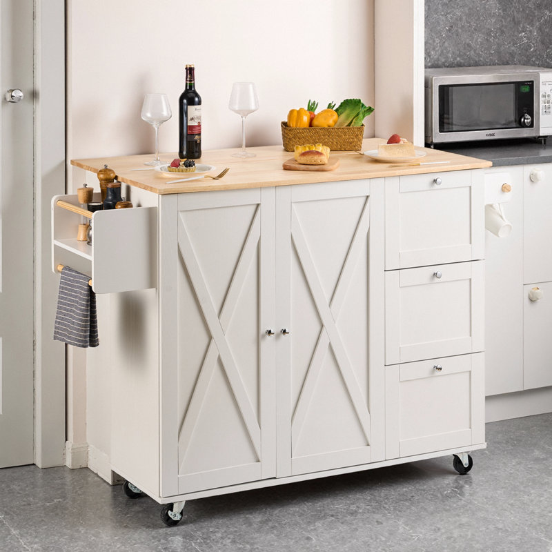 White Kitchen Island Cart with Solid Wood Top, Storage Cabinet, Wheels & Drop Leaf, White, Solid/Manufactured Wood
