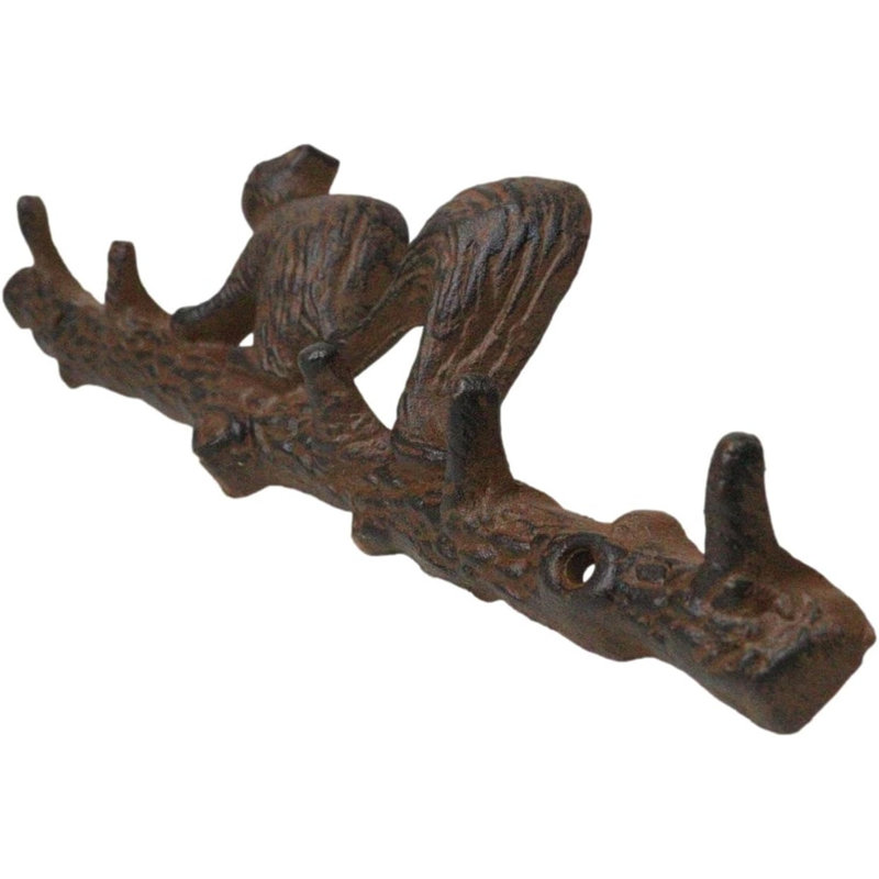 Rustic Cast Iron Playful Squirrel Perching On Tree Branch 4-Peg Wall Hooks Décor