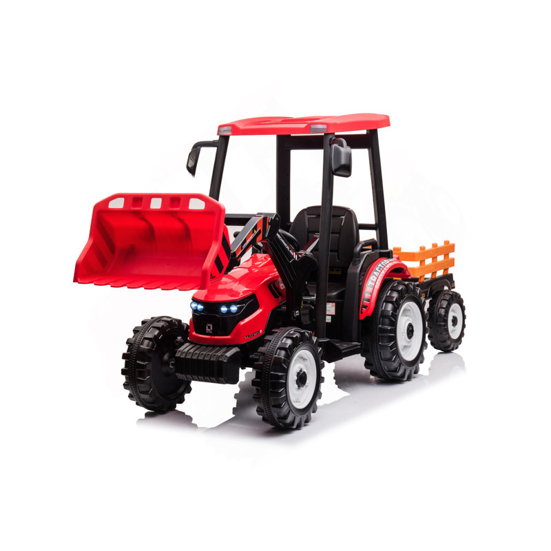 Tracteur à pédale 24V avec télécommande pour les parents, tracteur à pédales avec chargeuse et pelle rétrocaveuse, Rouge