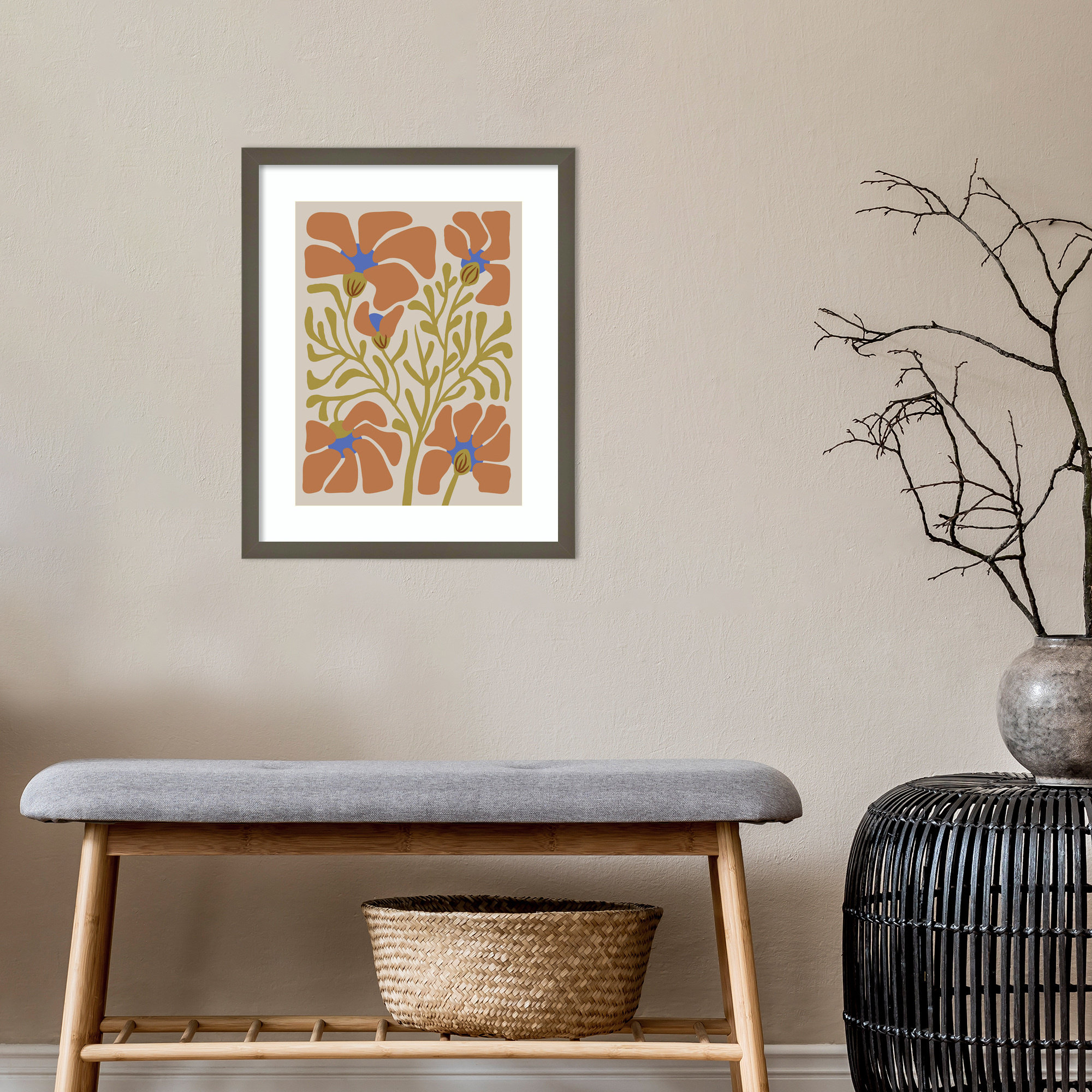 Expressive Abstract House Plant Orange On Tan Framed On Paper by The Creative Bunch Studio Print, Gray, 21" H x 17" W x 1" D