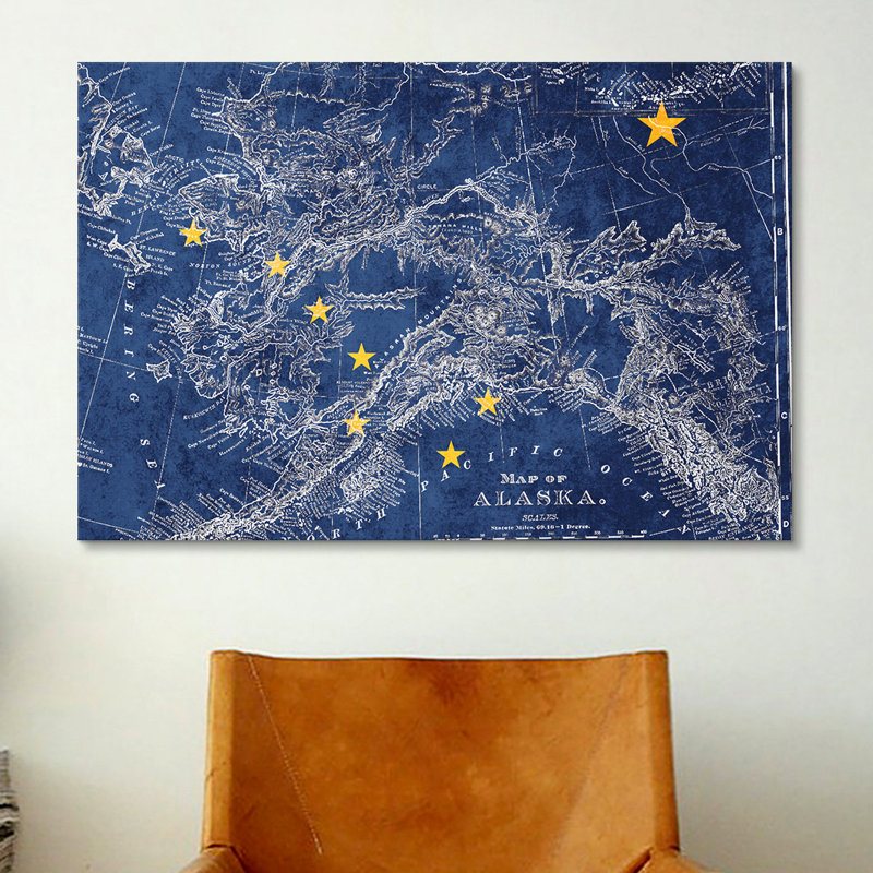 « alaska flag, grunge map rétro », impression sur toile, H 40 po x l 60 po x P 1,5 po, Toile tendue, Pas de tapis