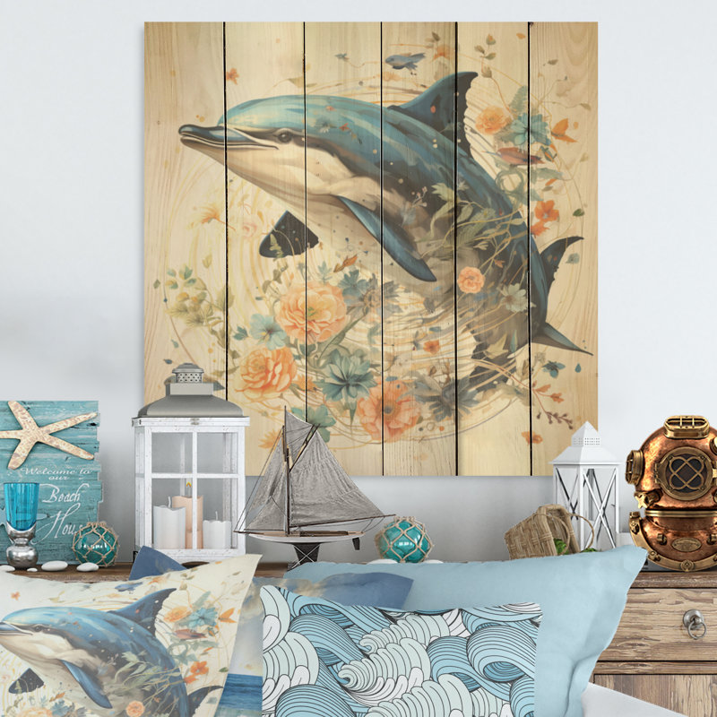 Dolphin Happiness - Art mural en bois de dauphin sur bois de pin naturel, H 15 po x l 15 po