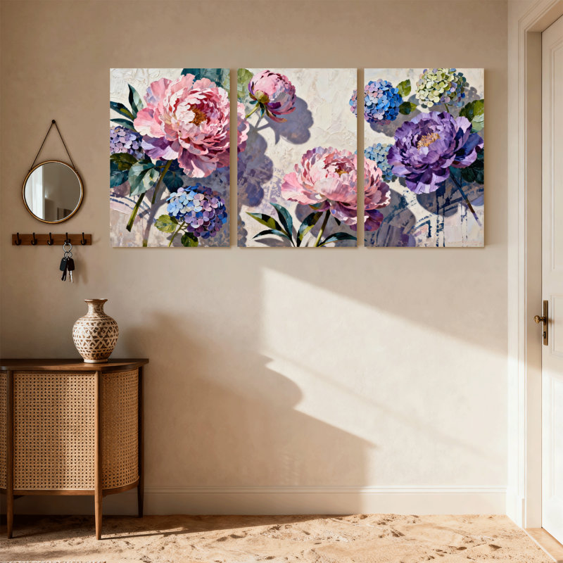 Plantes et fleurs pivoines et hortensias, ensemble de 3 reproductions d'art sur toile, H 18 po x l 36 po