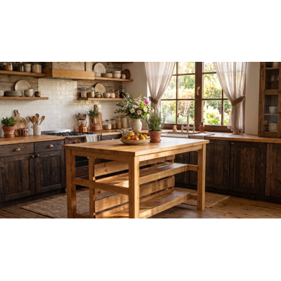 63-Inch Solid Wood Kitchen Stationary Island with 2-Tier Open Storage, Farmhouse Kitchen Island with Seating for Kitchen, Dining Room