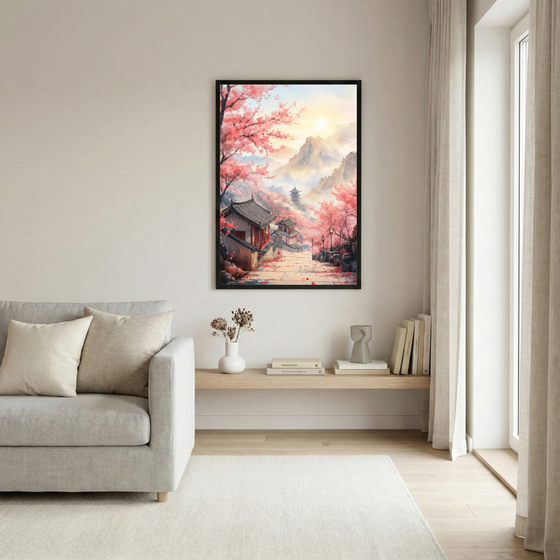 Ensemble de 1 tableau sur toile représentant un paysage de jardin japonais en fleurs de cerisier, H 24 po x l 16 po