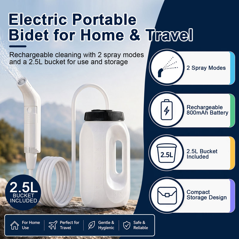 WOWER Portable Electric Bidet Sprayer for Travel with 2.5L Water Tank 2 Adjustable Modes Rechargeable Handheld  Bidet Sprayer for Women & Men  Personal Hygiene Bathroom Camping RV Toilet 