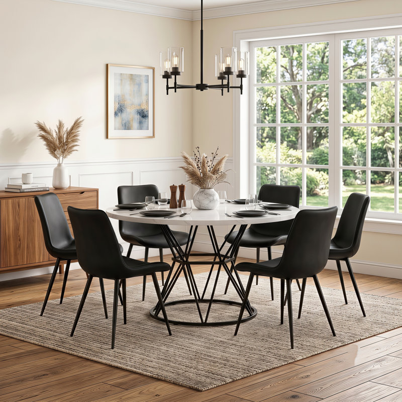 Ensemble de table de salle à manger 7 pièces 47,3 po avec chaises en similicuir, 7 Pieces: Table, 6 Chairs, White, Black