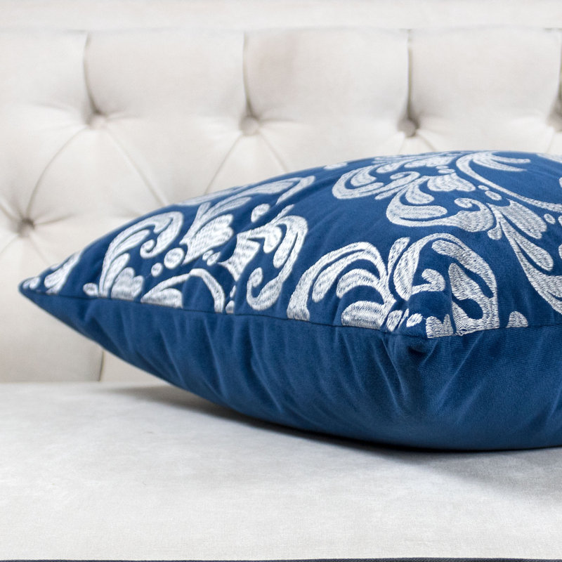 Holiday Floral Embroidered Velvet Throw Pillow, Blue/Silver