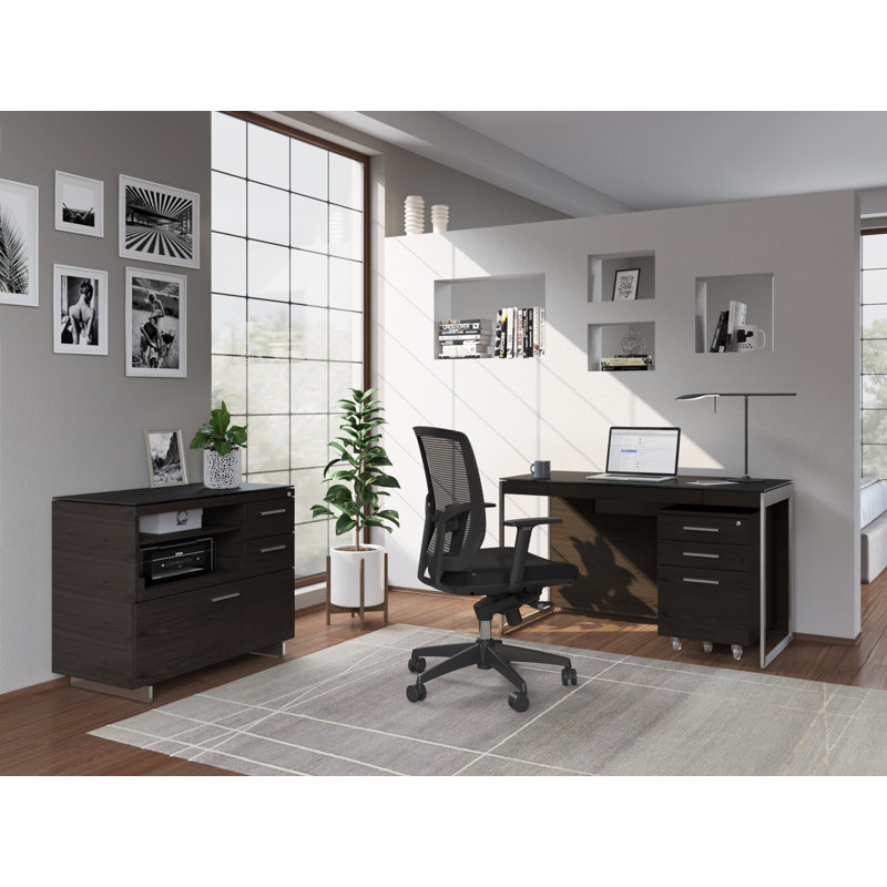 Sequel 20 3 - Drawer Filing Credenza, Charcoal Stained Ash/Satin Nickel