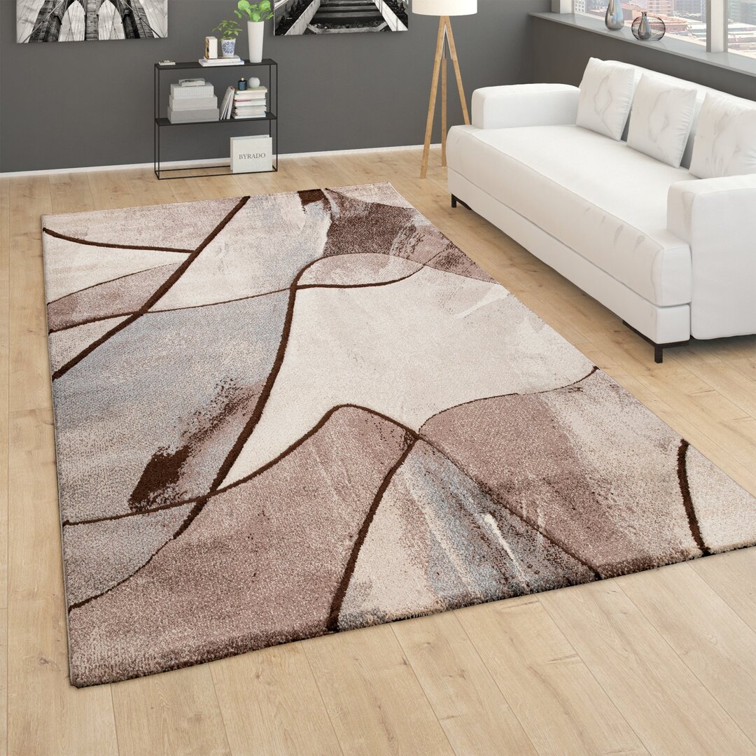 Teppich Wohnzimmer Moderner Kurzflor 3D Effekt Geometrisches Muster Braun Beige