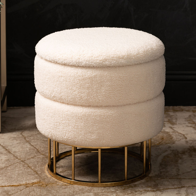 Velvet Boucle Storage Stool for Bedroom Furniture, Modern Round Storage Accent Stool, Gold, White