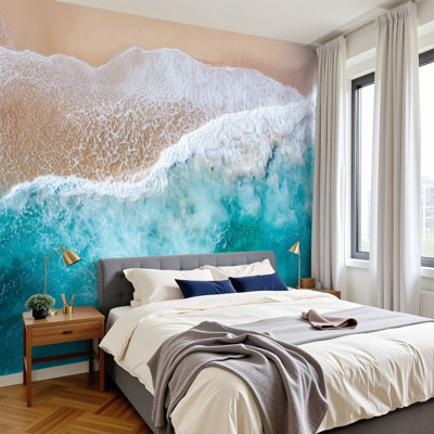 Peel and Stick Wallpaper ocean waves beach top view natural Wall Murals 100"H x 144"W Removable PVC Wall Paper Self-Adhesive Wall Paintings Art Decor for Bedroom Living Room