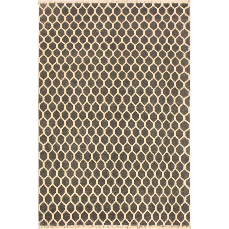 Tapis gris / brun clair en laine noué à la main à motif géométrique 4 pi 1 po x 6 pi 5 po Geometric