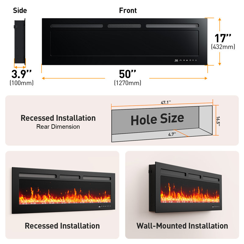 Pahl Recessed Wall Mounted Electric Indoor Fireplace with Smart Control and Remote, 17'' H X 50'' W X 3.94'' D