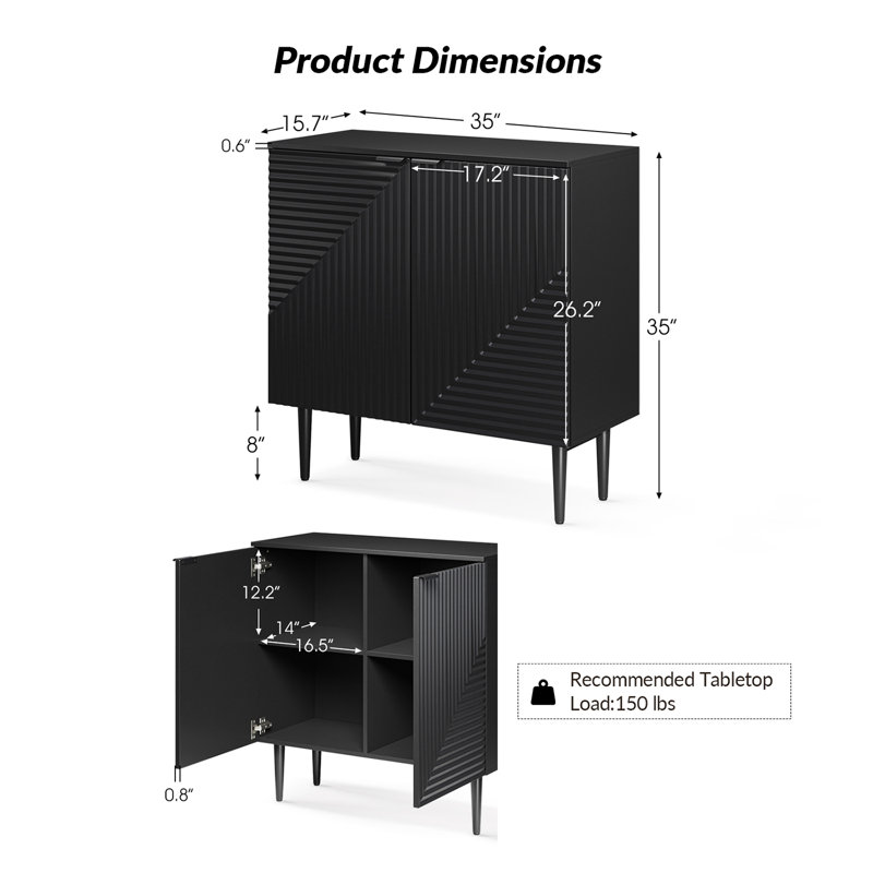 Armoire d'appoint cannelée à 2 portes H 35 po avec tablettes réglables Arkayla, Noir
