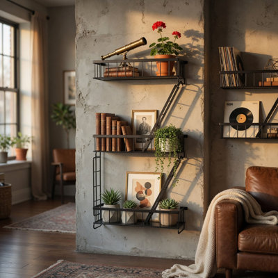 3 Tier Fire Escape Wall Shelf, Industrial Metal Ladder Display Shelf for Home Office