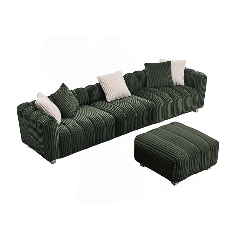 Canapé 3 places avec repose-pieds, Velours côtelé vert