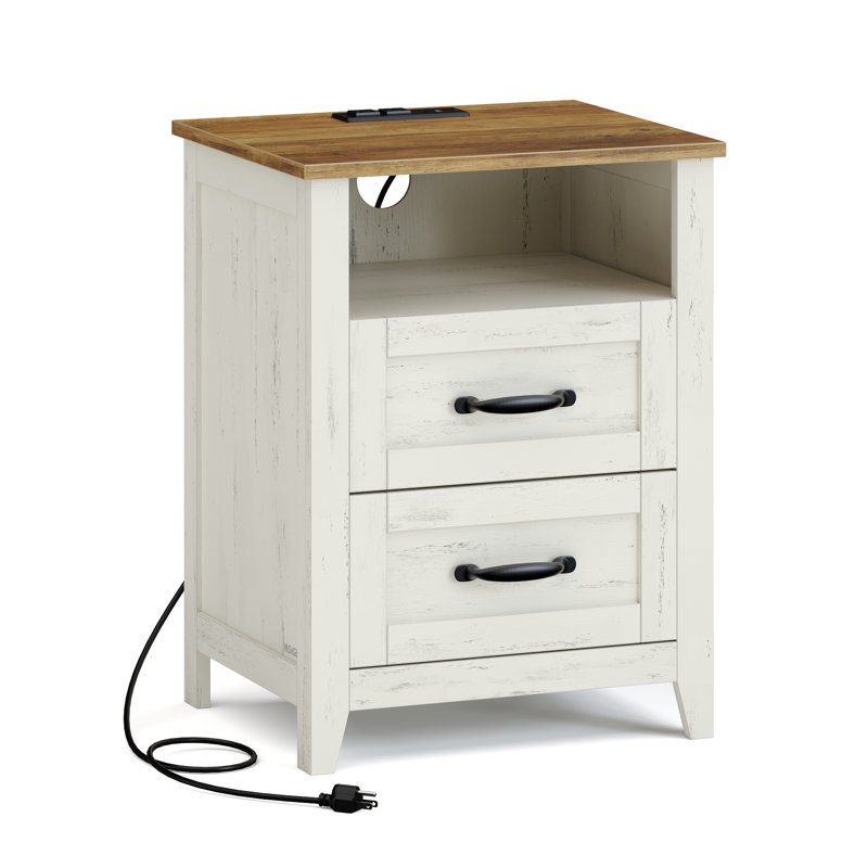 Allenside 18" W Nightstand With Charging Station, Rustic White/Honey Brown, Individual