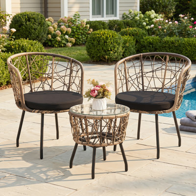 3 Piece Bistro Set, Modern Outdoor Wicker Patio Furniture with Tempered Glass Table Top and 2 Chairs, Natural Rattan and Black Cushion
