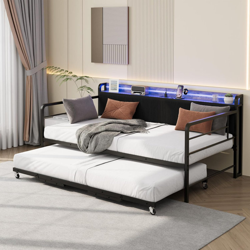 Twin Size Daybed with Trundle, LED Lighting, Metal Frame, Upholstered Headboard & Built-In Charging Station, Black