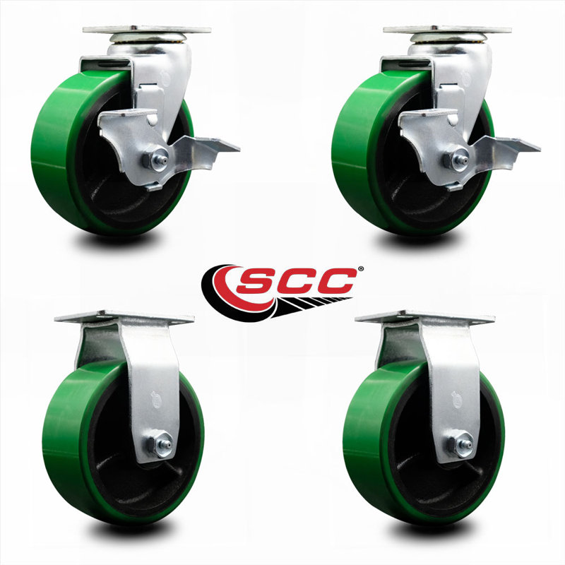 Ensemble de roulettes pour boîte à outils - Roulettes pivotantes en poly 5 po vert sur fonte - SCC