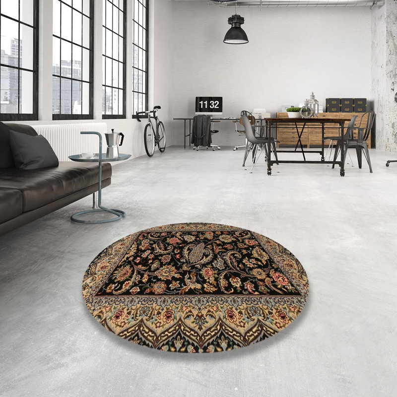 Tapis traditionnel noir / vert / bleu, Rond 4 pi