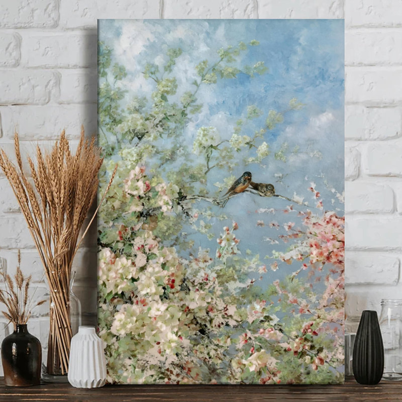 Deux oiseaux sur une branche en fleurs, peinture impressionniste sur toile tendue - H 36 po x l 24 po
