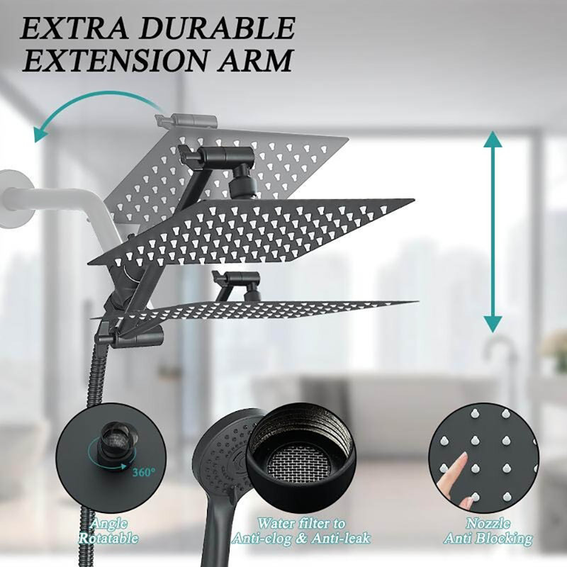 Pomme de douche 12 po noir mat avec bras d'extension réglable à 3 réglages