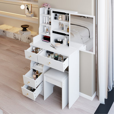Petit meuble-lavabo de 29,2 po avec tiroir à gauche et tabouret rembourré, très grand miroir coulissant à droite, rangement multicouche à grande capacité, commode pratique et pratique, convient aux petits espaces