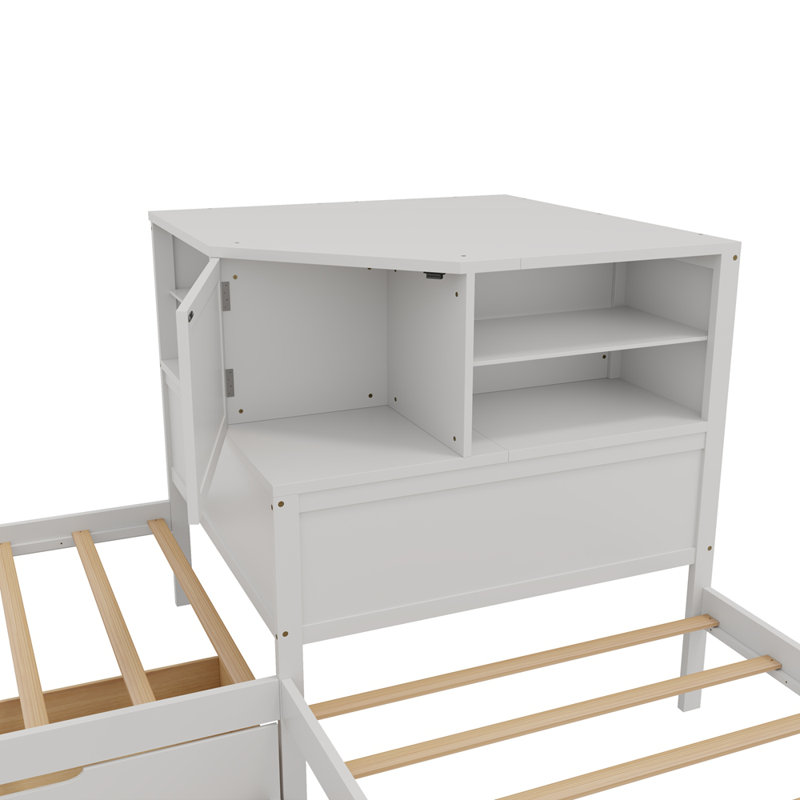 L-Shaped 3-in-1 Twin Bed Frame with Trundle, Storage Drawer & Built-in Desk, White