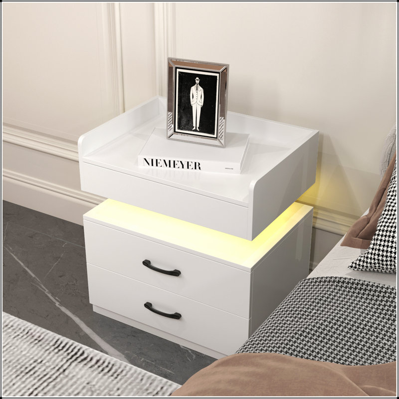 1 Set Nightstand with Adjustable LED Strip Light, 2-drawers, Large Storage Space, Suitable for Bedside Table, Coffee Table, Sofa Side Table or End Table for Study Desk