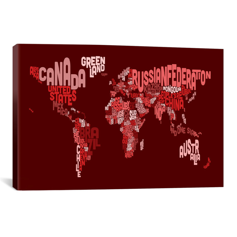 «Typ tape Text World Map III (Red» par Michael Tompsett, impression sur toile tendue, H 8 po x l 12 po x P 0,75 po