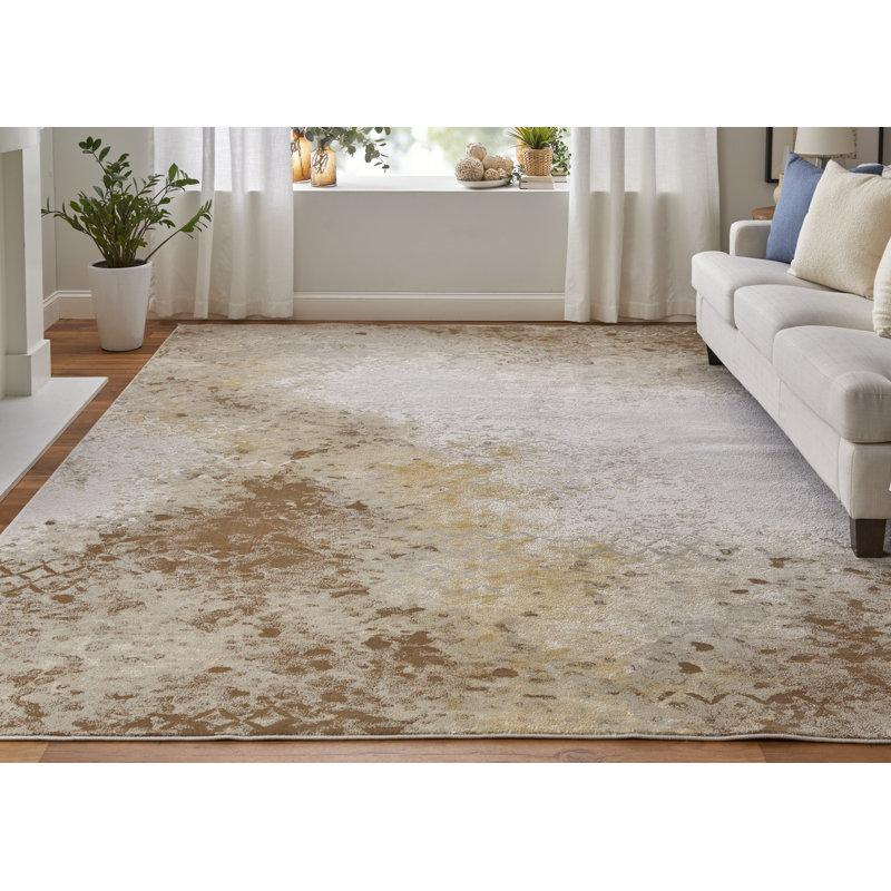 Ivory and Brown Abstract Rectangular Synthetic Rug, 34 x 20 inches