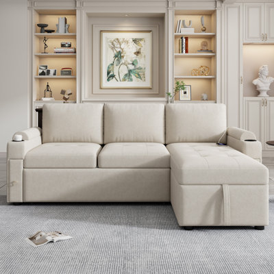 83.5" L-Shaped Sofa Couch Convertible Sofa Bed Sectional Sofa With Ample Storage Space, Two Cup Holders And Two USB Ports For Living Room