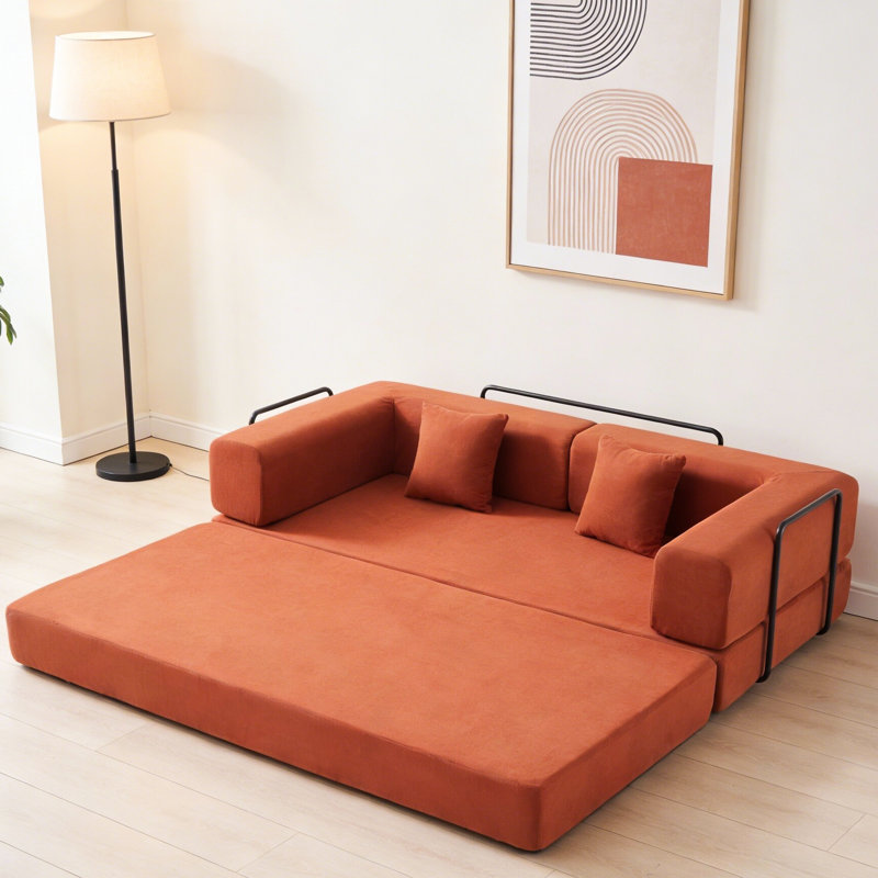 Lit en velours côtelé orange à 3 places avec structure de forme fixe, coussin cylindrique, canapé de plancher pour le salon, mousse à mémoire de forme douce, dossier coussiné, salon à délicatesse, accoudoirs carrés à haute densité, décontracté