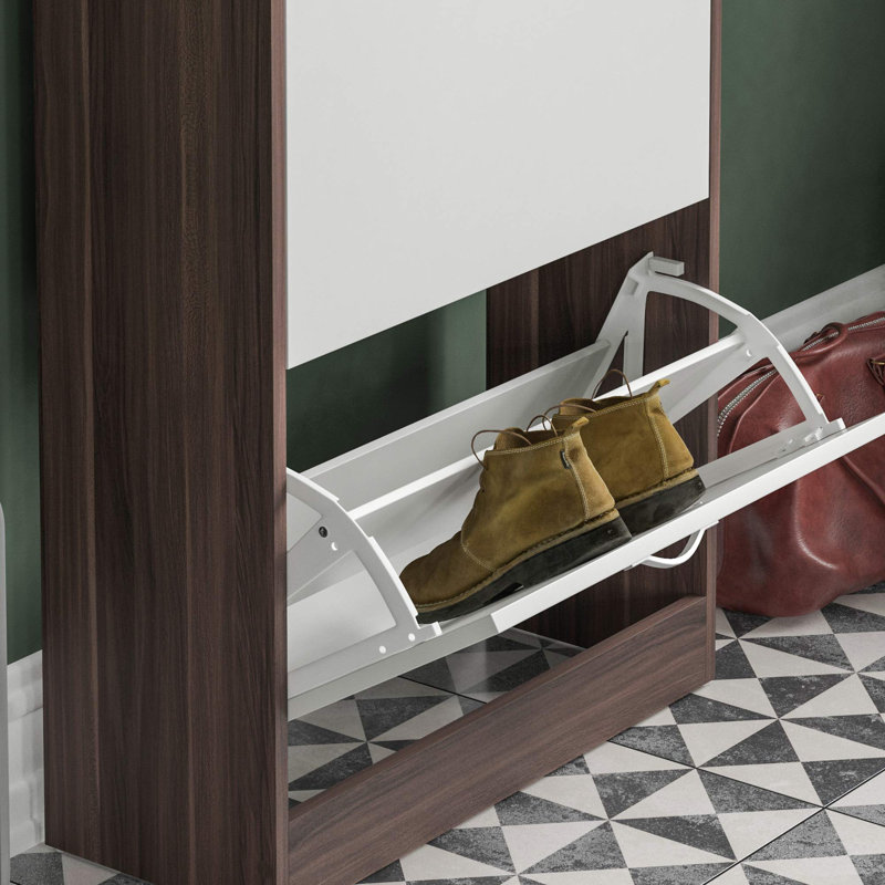 Drawer Flip Down Shoe Storage Free Standing Cabinet For Hallway, Walnut/White, 118" H x 60" W x 24" D