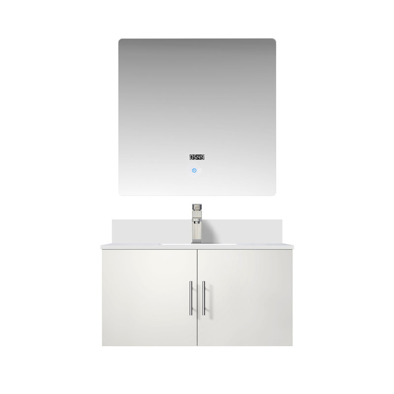 Meuble-lavabo blanc lustré 36 po X 22 po, avec comptoir en quartz, robinet, miroir à DEL - aux égratignures et aux taches pour une expérience de salle de bain relaxante