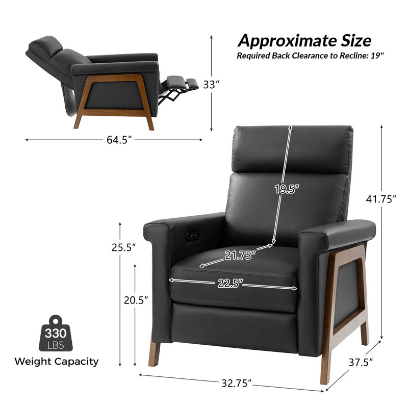Fauteuil inclinable électrique en cuir véritable de 28,75 po de largeur avec ports USB Aryaman, Noir
