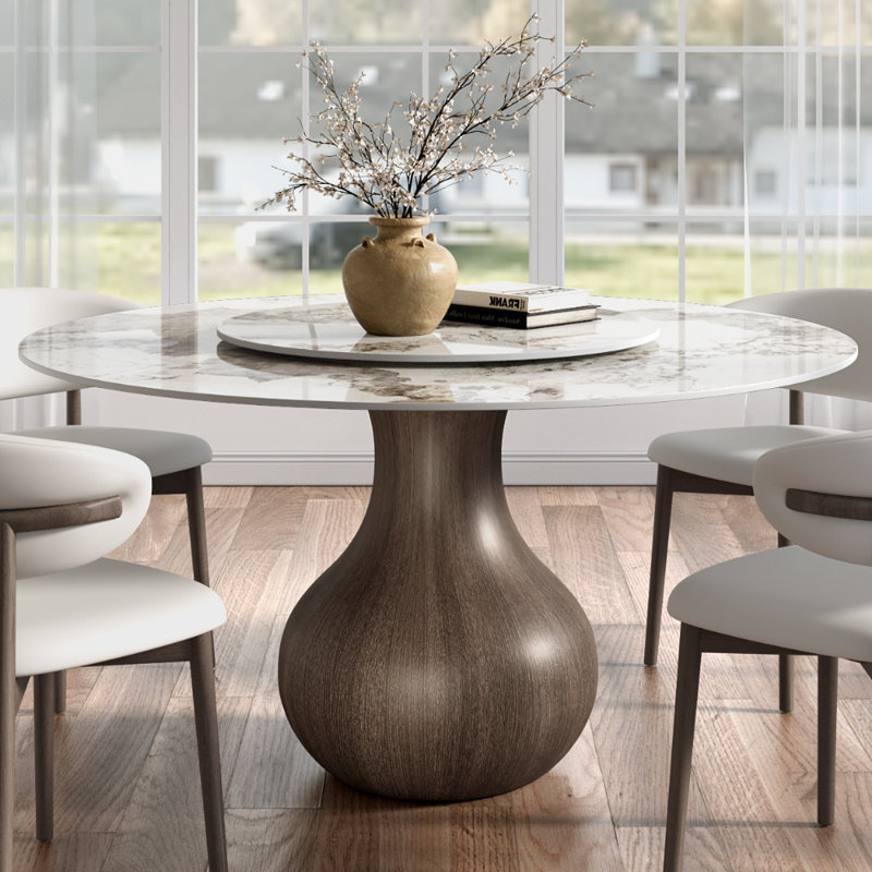 Solid Wood Pedestal Dining Table Round With Removable Lazy Susan, Brown, 29.52"H x 53.15"L x 53.15"W, Dark Walnut