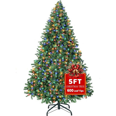 Arbre de Noël artificiel de 1,5 m avec 600 feuilles, lumières DEL multicolores préilluminées, support en métal, sapin fourni pour la décoration de Noël.