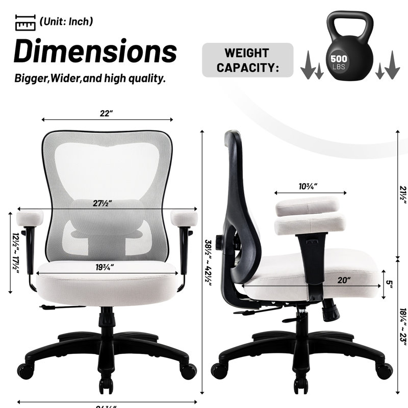 Grande chaise ergonomique avec roulettes, filet gris, élastique, soutien lombaire, rotation à 360 °, siège réglable, base en métal, filet simple à installation facile pour le bureau, conception, coussin de siège intégré et large,