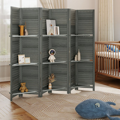 Paravent de chambre en bois gris, 6 panneaux de 170 cm de hauteur, avec 3 étagères.