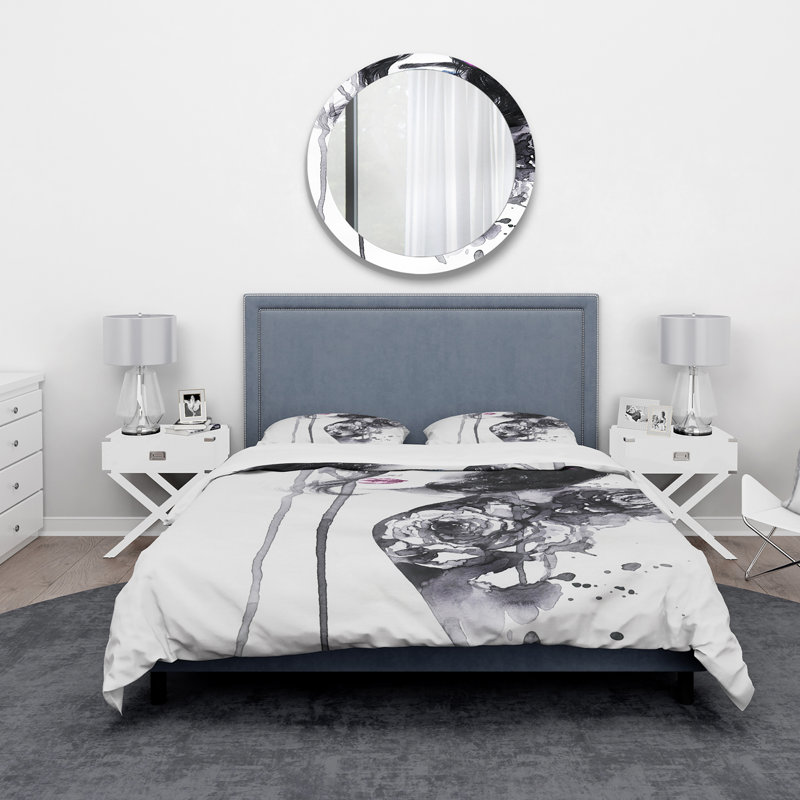 Ensemble de housse de couette en microfibre blanc / gris, Housse de couette pour grand lit et 2 taies décor
