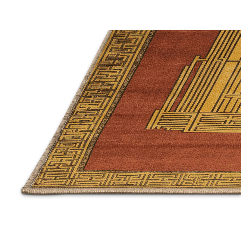 Machine Washable Art Deco Brown Area Rug, Rectangle 3' x 5'