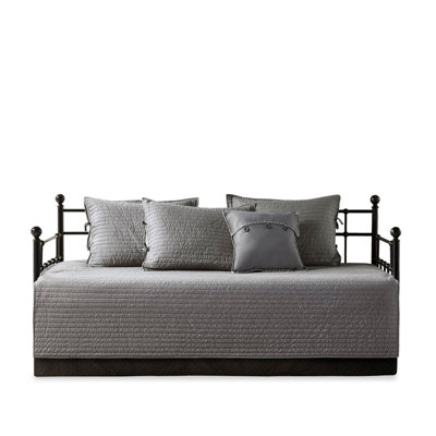 Grey Reversible Daybed Cover - 6 Piece With Plaid Cover, 15-Inch Drop , Shams, And Decorative Pillow , Microfiber Fabric 6 Style 3 Herringbone, Machine Washable