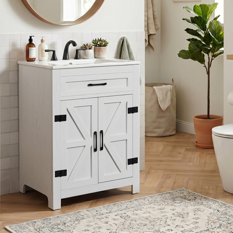 Panneau de particules blanc délavé avec placage de mélamine ... - Métal - 1 pièce - Meuble-lavabo - Blanc - Conception à double porte (sans lavabo inclus)